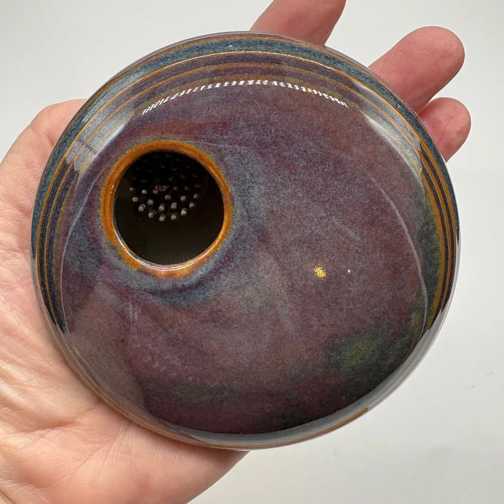 Vtg Pottery Ikebana Flower Frog Vase Signed Gibby '06 Purple Brown Ceramic